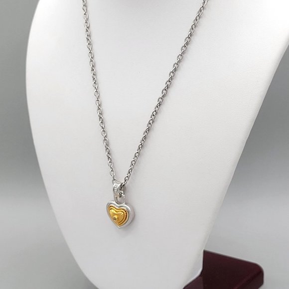 Silver Tone Mini Heart Pendant Necklace Gold Charm Round Link Chain 16 in - Picture 5 of 9